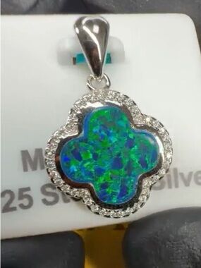 Sterling Silver Green-Blue Opal Clover Pendant with Moissanite